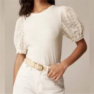 NEW J. Crew Vintage rib top with lace puff sleeves Ivory Size Medium